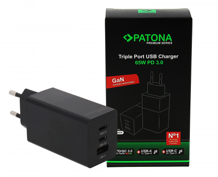 Telefoane mobile - Adaptor retea GaN PD65W 2xUSB-C 1xUSB-A PD3.0 QC3.0 Patona Premium