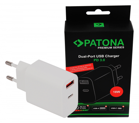 Telefoane mobile - Adaptor retea PD18W 5V/3.0A 9V/2.0A 12V/1.5AA 1xUSB-C 1xUSB-A PD3.0 Patona Premium