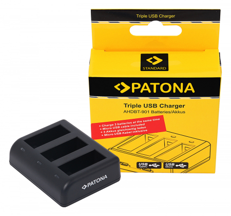 Camere video - Incarcator triplu USB pentru acumulator GoPro Hero 9 Hero 10 Hero 11 AHDBT901 Patona