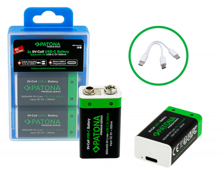 Diverse - Pachet 2x Acumulatori Patona Premium 9V 6F22 Li-ion 3600mWh cu USB-C, cablu de incarcare inclus