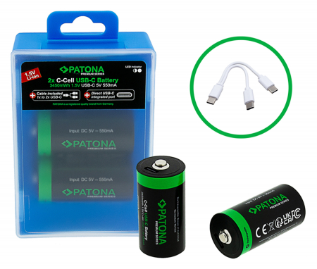 Acumulatori - Pachet 2x Acumulatori Patona Premium LR14 Li-ion 3450mWh cu USB-C, cablu de incarcare inclus