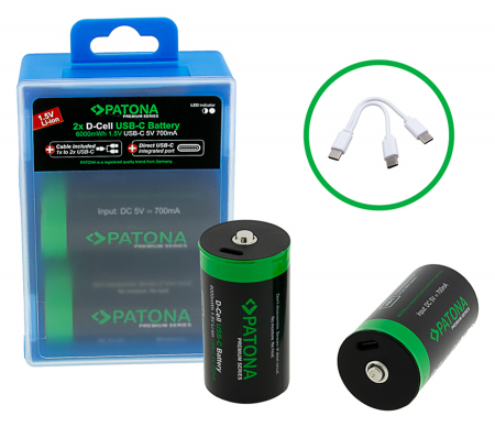 Diverse - Pachet 2x Acumulatori Patona Premium LR20 Mono Li-ion 4000mAh cu USB-C, cablu de incarcare inclus