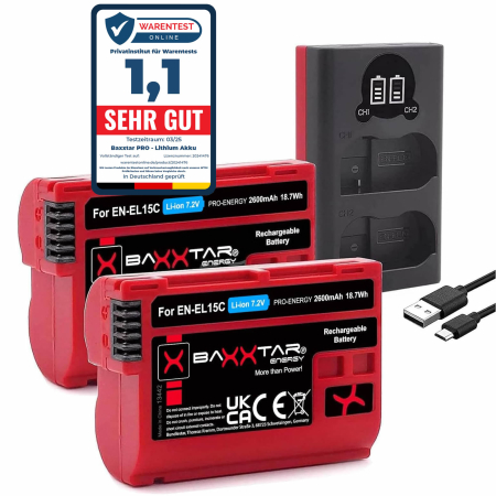 Pachete Promo - Pachet Incarcator Dual LCD USB si 2x Acumulatori Baxxtar Pro EN-EL15C 2600mAh pentru Nikon Z5 II Z6 II III Z7 II Z8 D500 D600 D610 D750 D780 D800