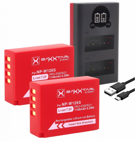 Pachete Promo - Pachet Incarcator Dual LCD USB si 2x Acumulatori Baxxtar Pro NP-W126s pentru Fuji X-M5 X100VI X-S10 X-T20 X-T30 II X-T5