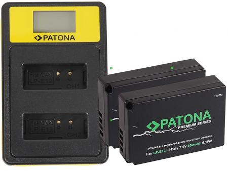 Pachete Promo - Pachet Incarcator Patona Smart Dual LCD USB, 2x Acumulatori Patona Premium pentru Canon LP-E12