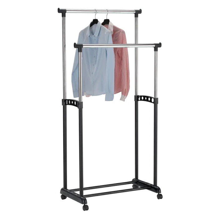 Suport / stander haine pe roti dublu cu bara umerase, metal + plastic 83 x 43 x 94 / 168 cm