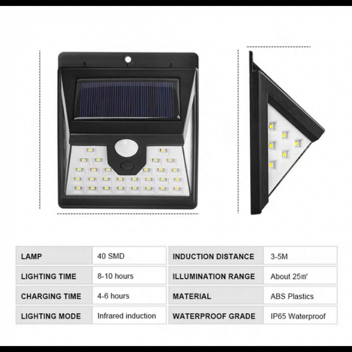 Lampa solara 40 LED-uri, senzor miscare, 3 moduri de functionare, lumina rece, 364lm [2]