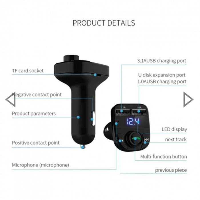 Transmițător auto Bluetooth handsfree Car kit auto X8 bluetooth 5.0 cu handsfree, modulator FM, MP3 player, 2x USB, fast charge 3.1A [2]