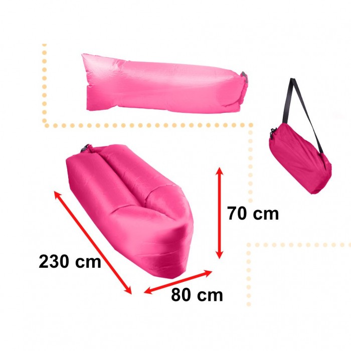 Saltea Autogonflabila "Lazy Bag" tip sezlong, 230 x 70cm, culoare Roz, pentru camping, plaja sau piscina [4]