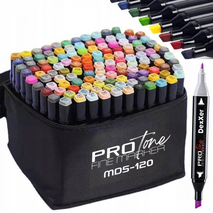 Set 120 Markere Profesionale pentru pasionatii de desen, cu cap dublu gros - subtire, cu geanta de depozitare, model AVX-WT-MDS-120 [2]