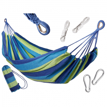 Accesorii Casa si Gradina - Hamac Multicolor Simplu (1 persoana), 200 x 100 cm + Kit de instalare - ALBASTRU