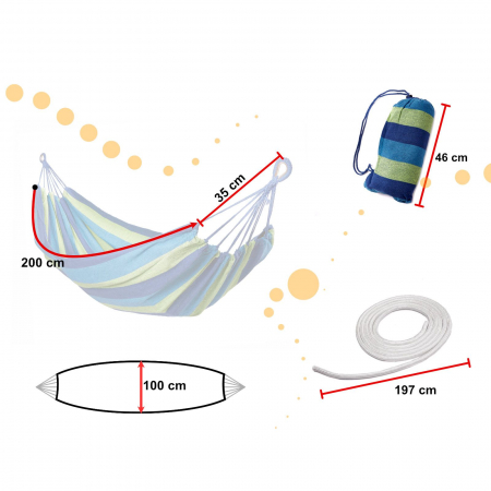 Hamac Multicolor Simplu (1 persoana), 200 x 100 cm + Kit de instalare - ALBASTRU [2]