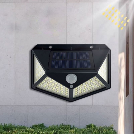 Lampa solara de exterior este dotata cu 114 led -uri ce lumineaza la un un unghi aproximativ de 180 grade, este dotata cu senzor de miscare si senzor de lumina, putere de luminare de peste 700 Lumeni. [1]