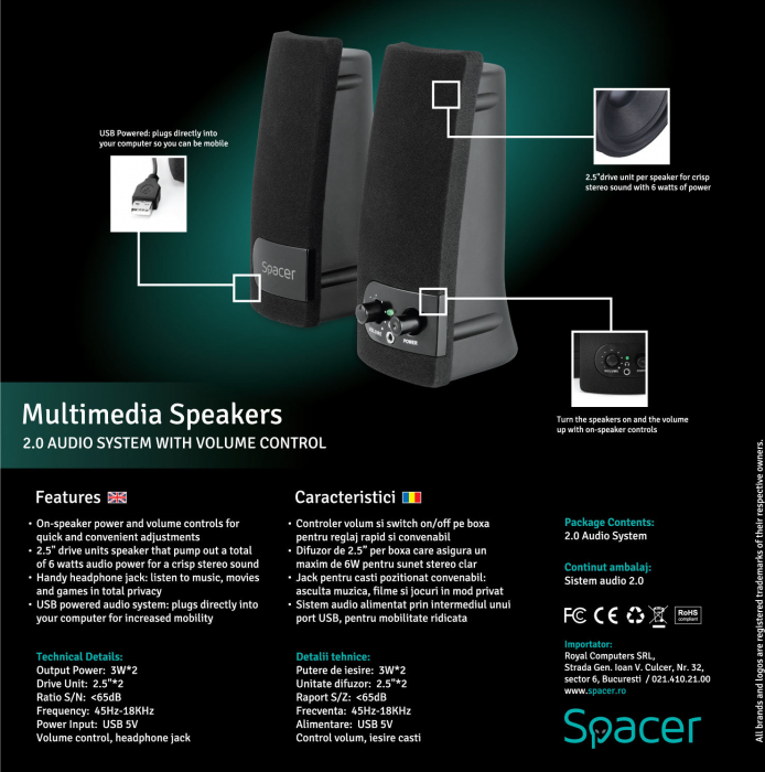 Boxe 2.0 Spacer, Negru, SPB-216, 6W(2X3W), USB - Mufa Casti [6]