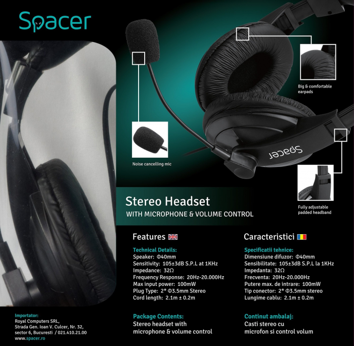 Casti Spacer, Model Negru, SPK-222, Microfon – Conectare 2x Jack [4]