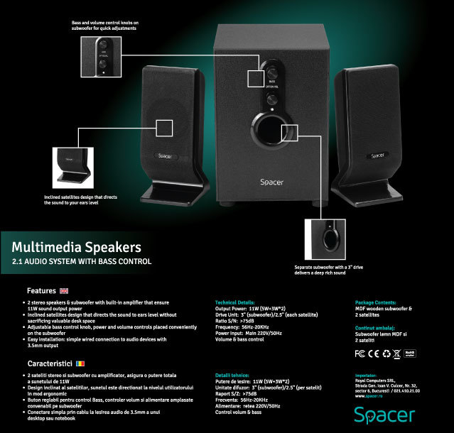 Boxe 2.1 Spacer, Negru, SPB-2200, 11W(2X3W+5W) – Control Volum, Bass [8]