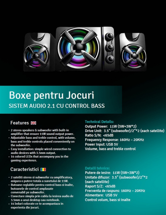 Boxe 2.1 Spacer, Negru, Thunder, 11W(2X3W+5W), USB – Control Volum, Bass [9]