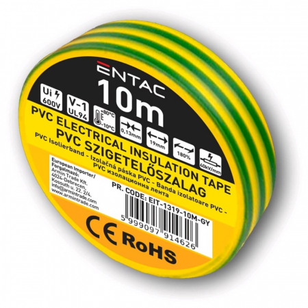 Unelte si Testere - Banda Izolatoare, Galben-Verde, 0.13x19mm, 10m Lungime, Entac - pentru Cabluri Electrice