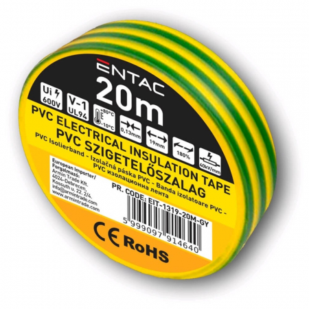 Unelte si Testere - Banda Izolatoare, Galben-Verde, 0.13x19mm, 20m Lungime, Entac - pentru Cabluri Electrice