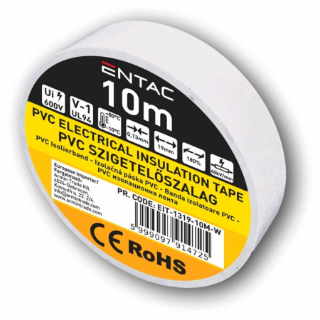 Unelte si Testere - Banda Izolatoare, Model Alb, 0.13x19mm, 10m Lungime, Entac - Banda Izolatoare PVC pentru Cabluri Electrice