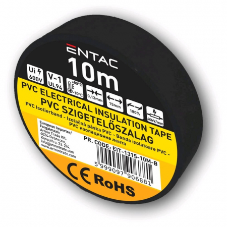 Unelte si Testere - Banda Izolatoare, Model Negru, 0.13x15mm, 10m Lungime, Entac - Banda Izolatoare PVC pentru Cabluri Electrice