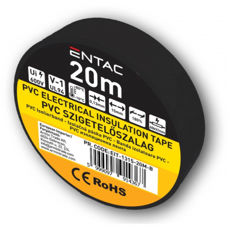Unelte si Testere - Banda Izolatoare, Model Negru, 0.13x15mm, 20m Lungime, Entac - Banda Izolatoare PVC pentru Cabluri Electrice