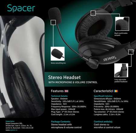 Casti Spacer, Model Negru, SPK-222, Microfon – Conectare 2x Jack [3]