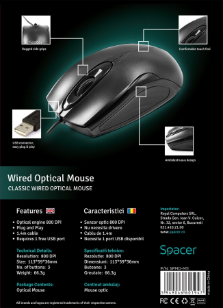 Mouse Spacer, Negru, 800 DPI, SPMO-M11 - Ideal pentru Birou sau Acasa [5]