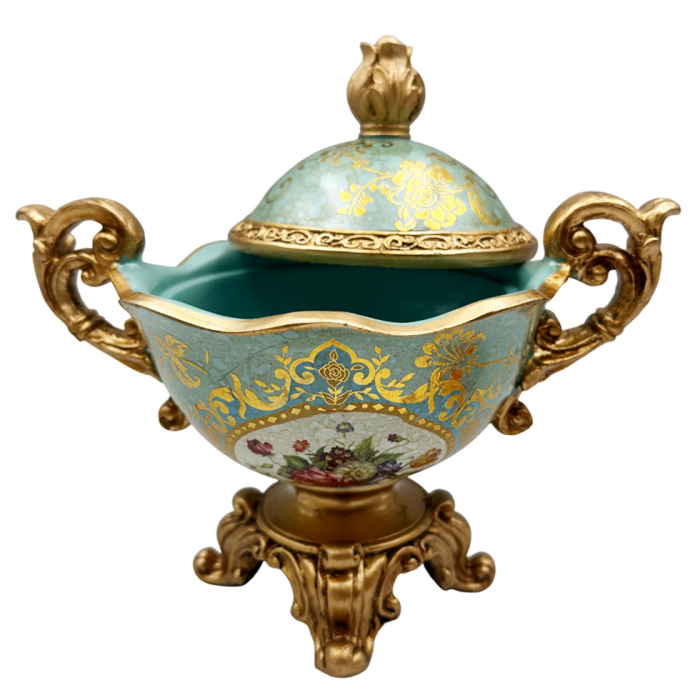 Bol decorativ vintage cu capac PAULETTE - Model Floral, Bleu/ Auriu [2]