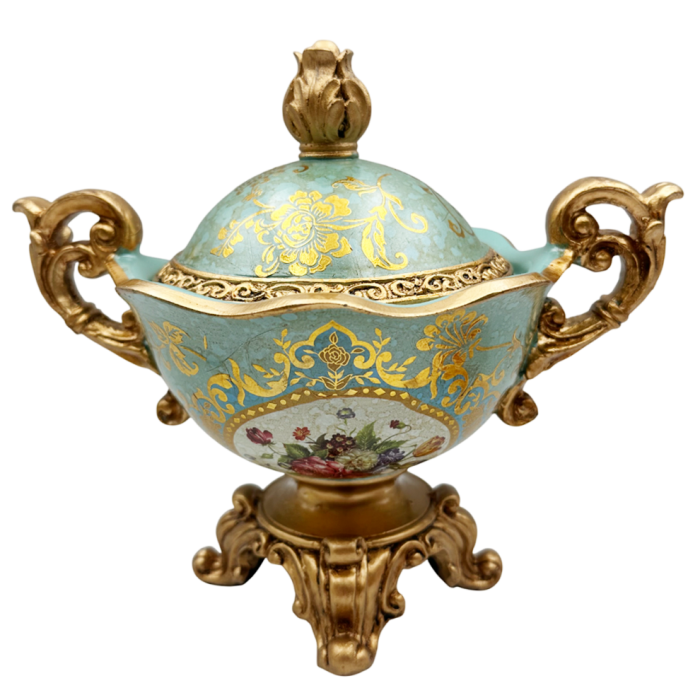 Bol decorativ vintage cu capac PAULETTE - Model Floral, Bleu/ Auriu [3]