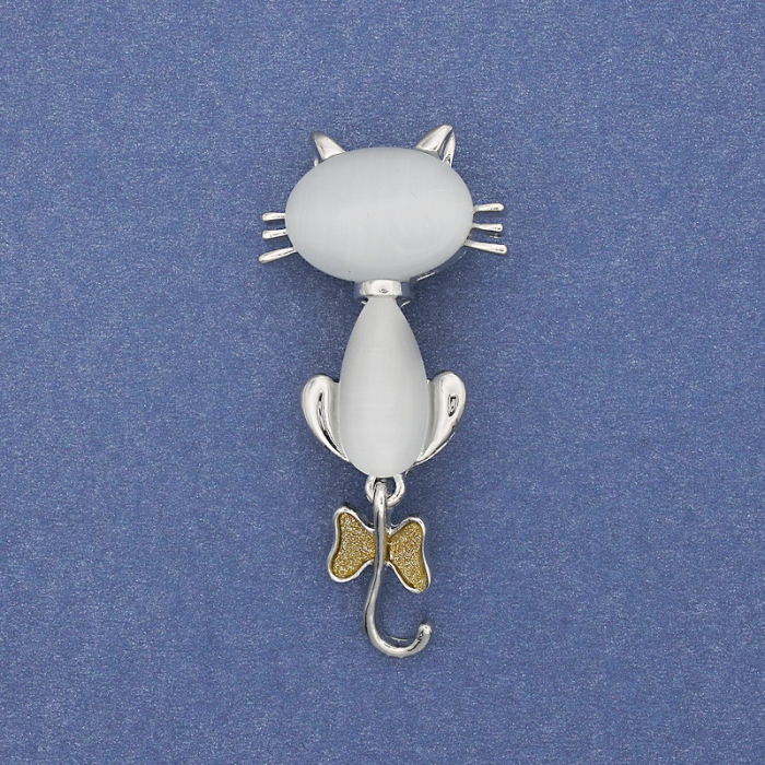Broșă - Pandantiv Pisicuță Argintie cu Fundiță Aurie si sidef [2]