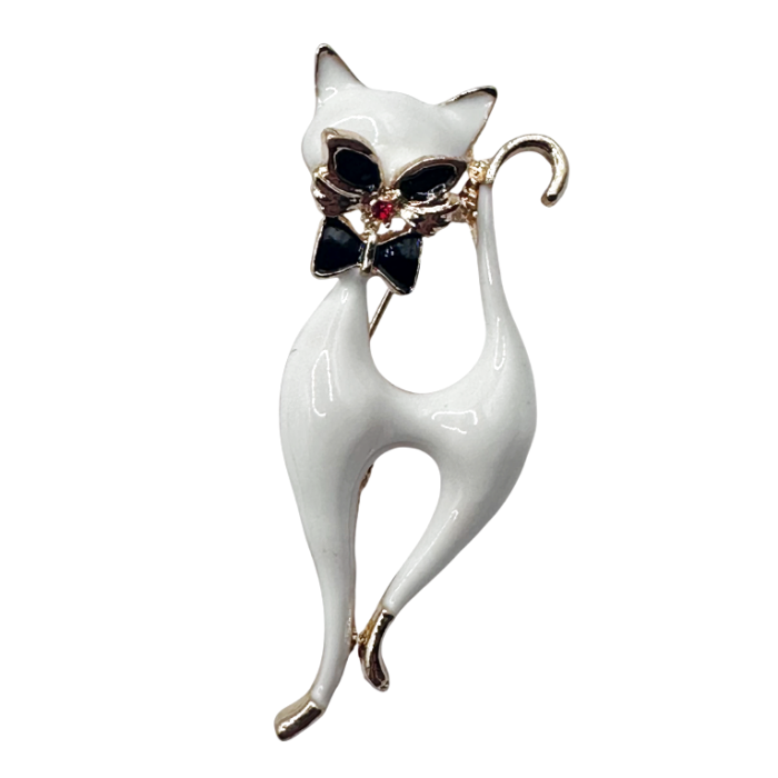Broșă pisică albă cu fundita QUEEN [4]