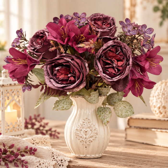 Buchet Flori artificiale AMBER burgundy cu bujori si crini [5]