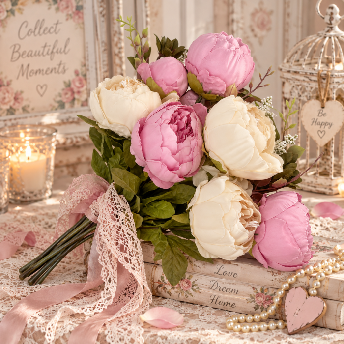 Buchet Flori artificiale Berenice - Bujori Roz/ Alb [3]