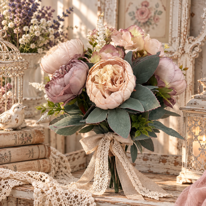 Buchet Flori artificiale ELOISE - Bujori roz prafuit [3]