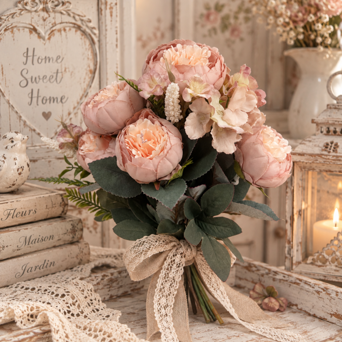 Buchet Flori artificiale ROSALIE – Bujori roz pudra [3]