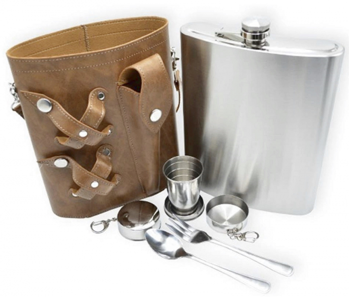 Set Plosca inox cu 2 Pahare si Tacamuri CAMEL, 1500ml, Husa maro [2]