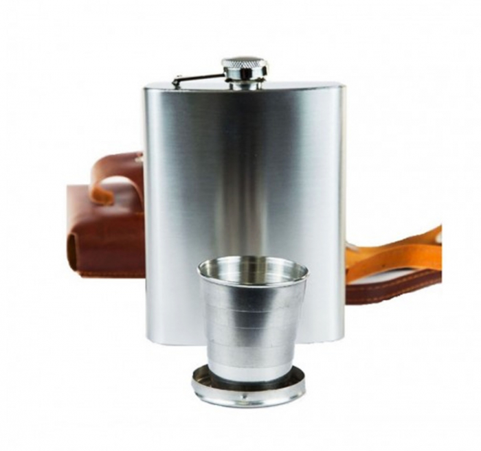Set Plosca inox cu Pahar si Tacamuri GARRY, 250ml, Husa maro [2]