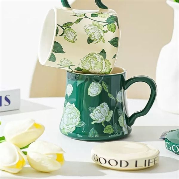 Cană Ceramică GOOD LIFE cu Capac – Crem cu Model Floral [3]