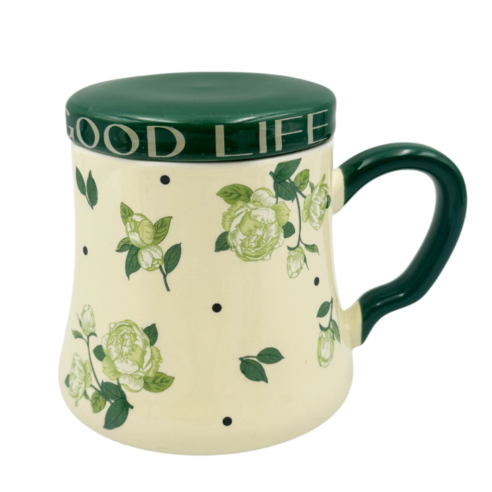 Cană Ceramică GOOD LIFE cu Capac – Crem cu Model Floral [1]