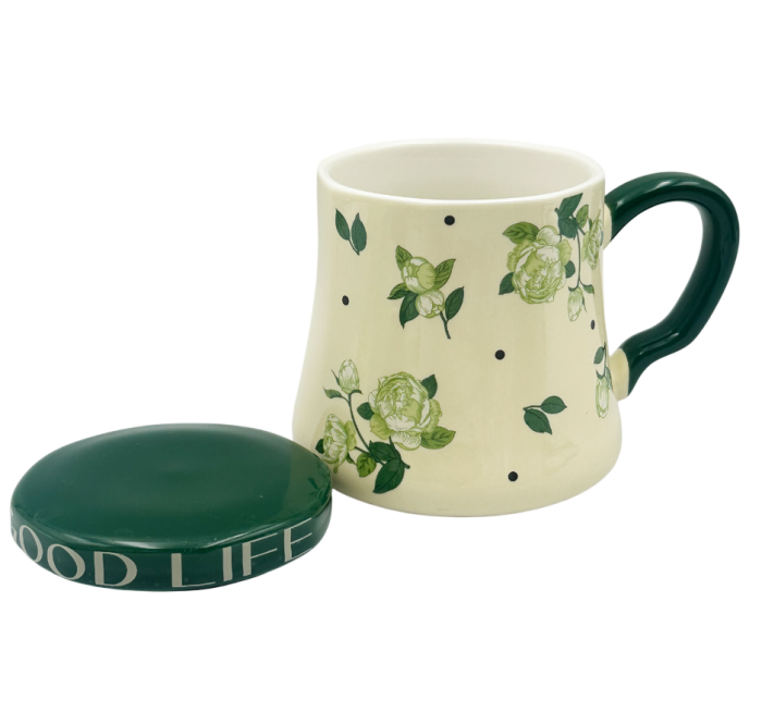 Cană Ceramică GOOD LIFE cu Capac – Crem cu Model Floral [2]