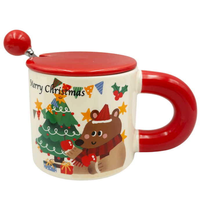 Cană Crăciun cu Capac rosu și Linguriță – Ursulet langa Brad, 320 ml [1]