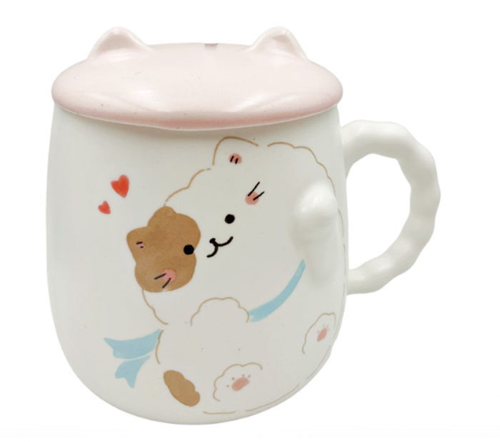 Cana cu capac, PISICA MILTON cu esarfa, Roz, 350ml [1]