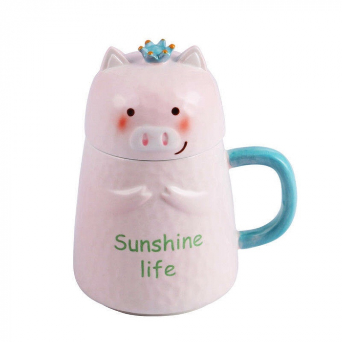 Cana cu capac Sunshine Piggy 450ml, Roz, Ceramica [1]