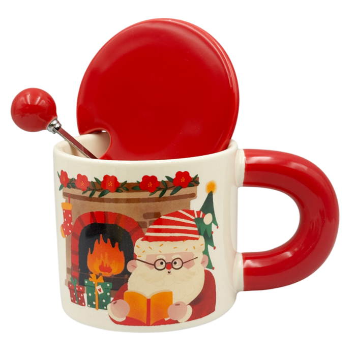 Cană Crăciun cu Capac și Linguriță – Moș Crăciun la Șemineu, 320 ml [2]
