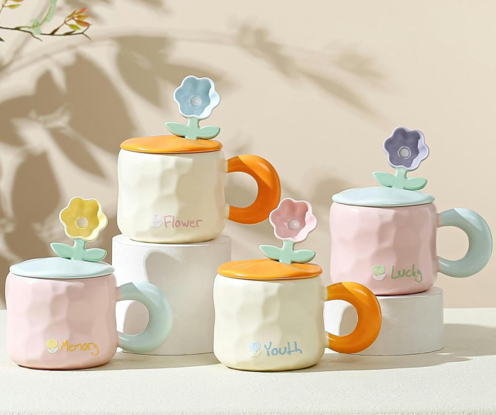 Cana ceramica FLOWER, Cu lingurita floare si capac [3]