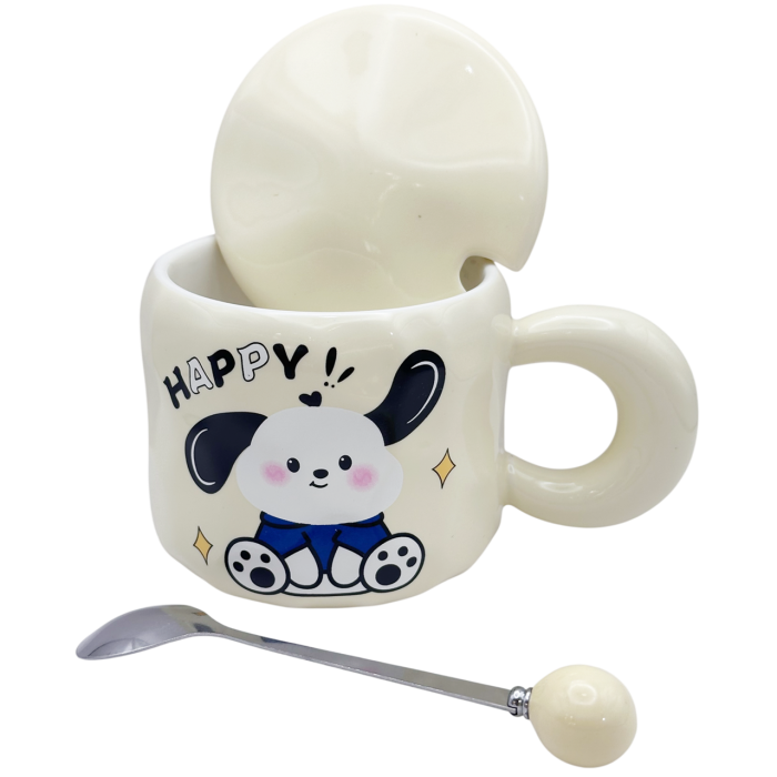 Cana cu catel HAPPY PUPPY - Crem - Cu capac din ceramica [2]