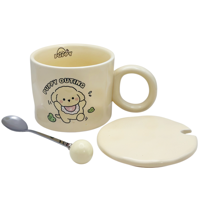 Cana cu catel JOYFUL PUPPY - Crem - Cu capac din ceramica [2]