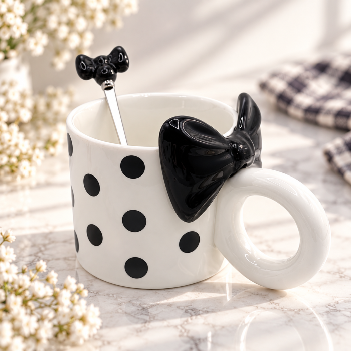 Cana cu fundita si lingurita COQUETTE - alba cu buline negre [2]