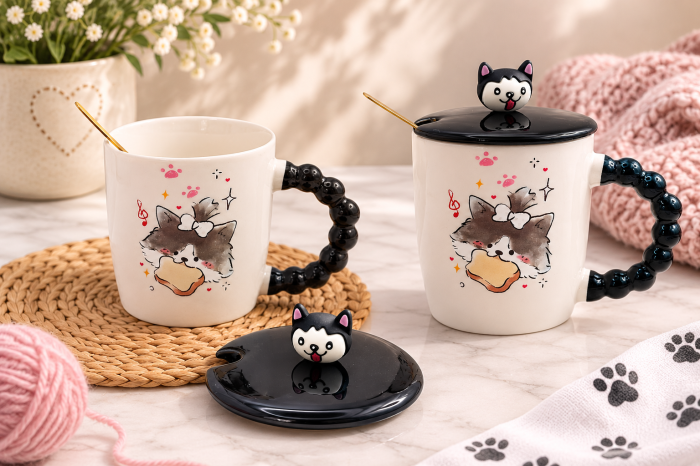 Cana cu Pisica 3D CUTE CAT - 325 ml - Set cu capac si lingurita [3]